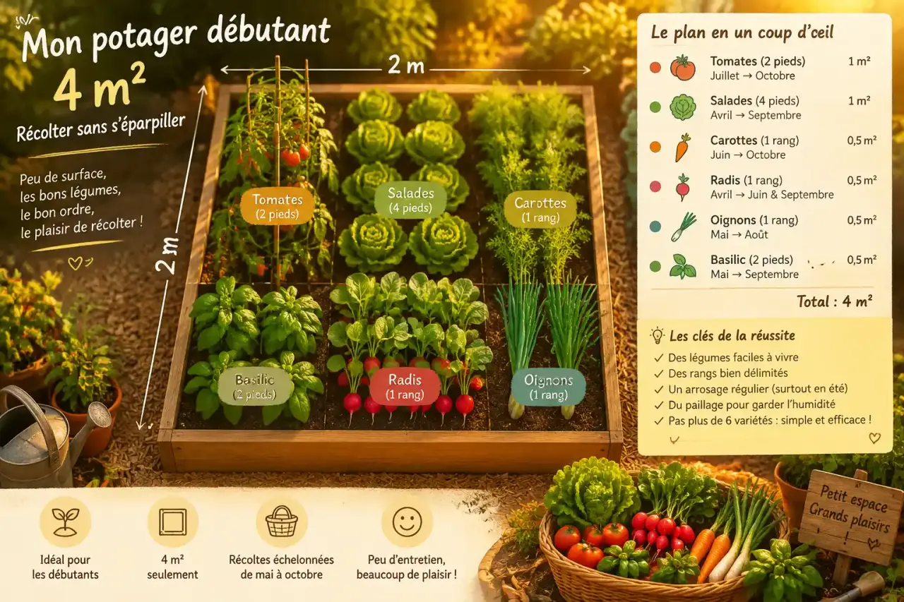 Un plan potager débutant de 4 m² pour récolter sans s’éparpiller