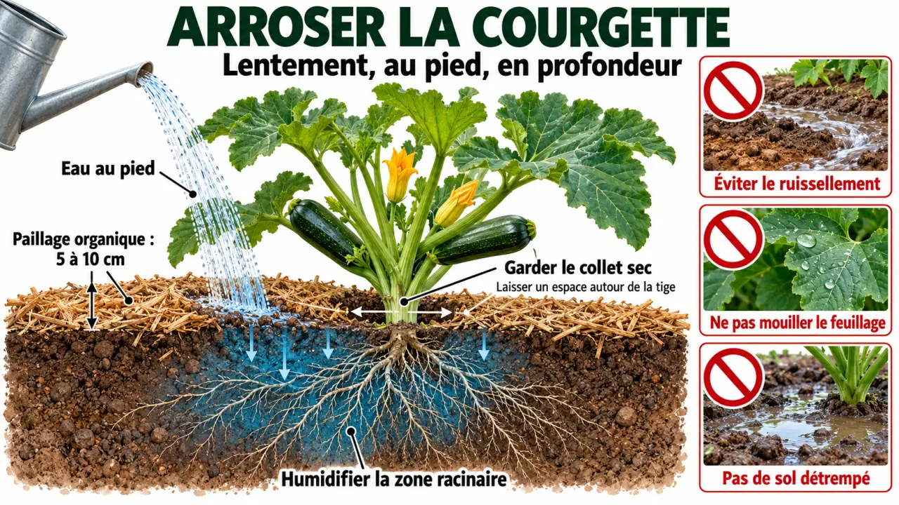 Infographie sur l’arrosage courgette au pied, la profondeur d’humidification et le paillage