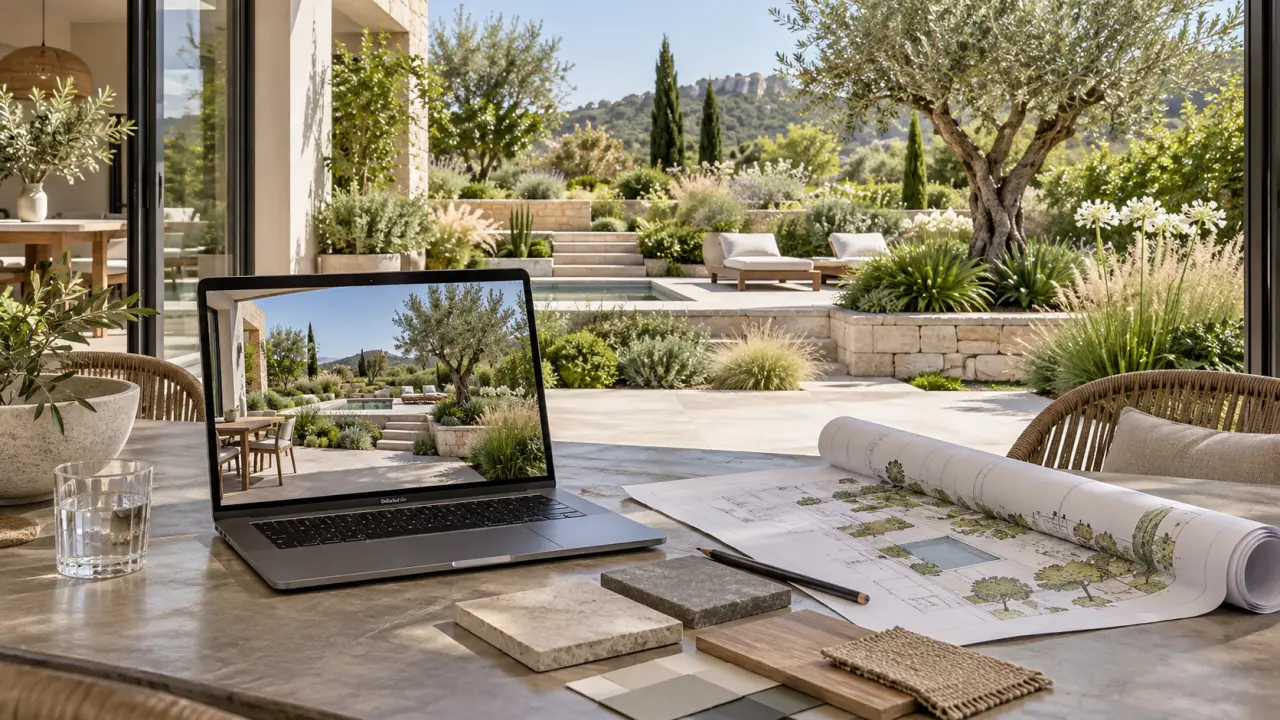 Projet de jardin conçu en 3D avec terrasse, plantations et aménagements paysagers