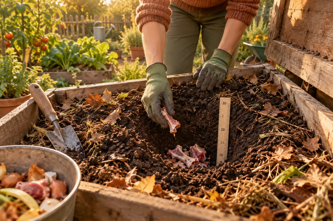 Viande au compost : enfouissez-la à 30 cm pour éviter odeurs et nuisibles