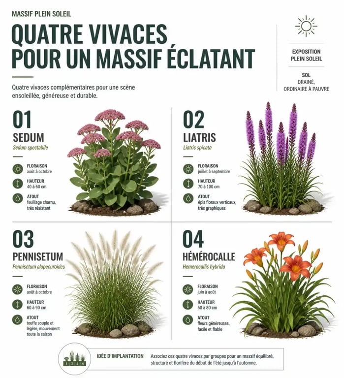 Comparatif de vivace plein soleil : sedum, liatris, pennisetum et hémérocalle dans un massif ensoleillé