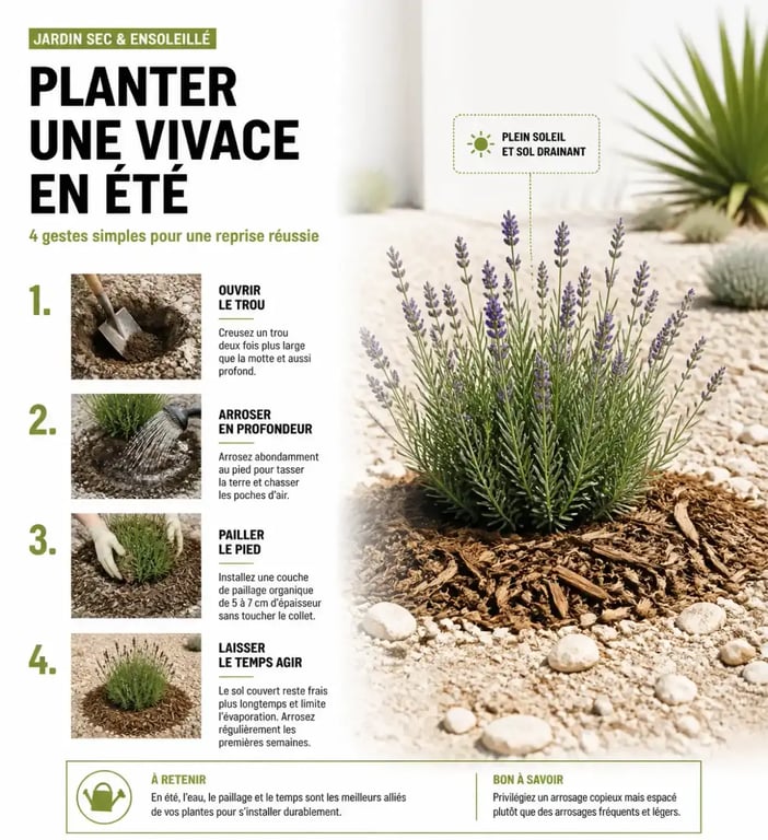 Plantation de vivace plein soleil avec arrosage profond et paillage au jardin
