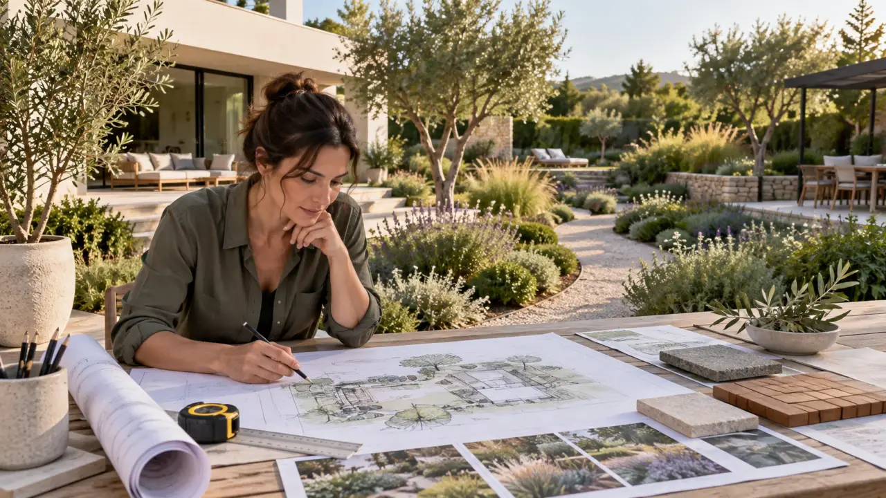 Projet de jardin paysager visualisé en 3D avec différents espaces aménagés