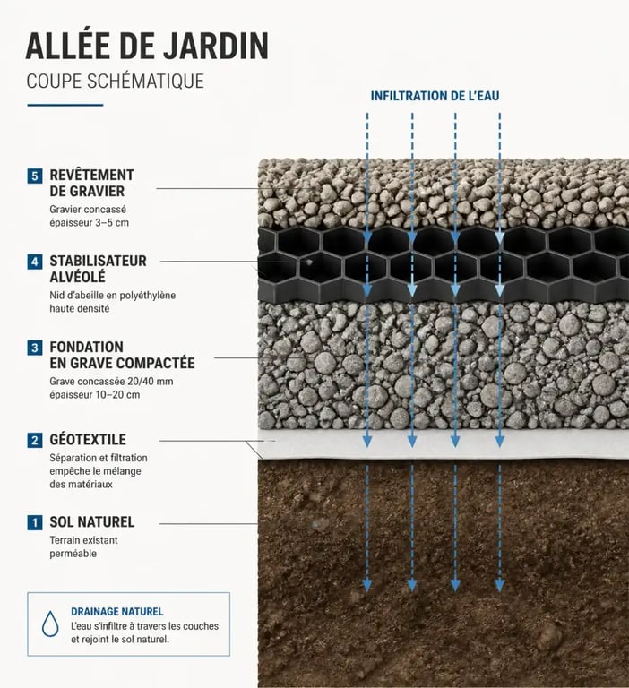 Schéma en coupe des couches d'une allée de jardin sans entretien : sol, géotextile, fondation et gravier stabilisé