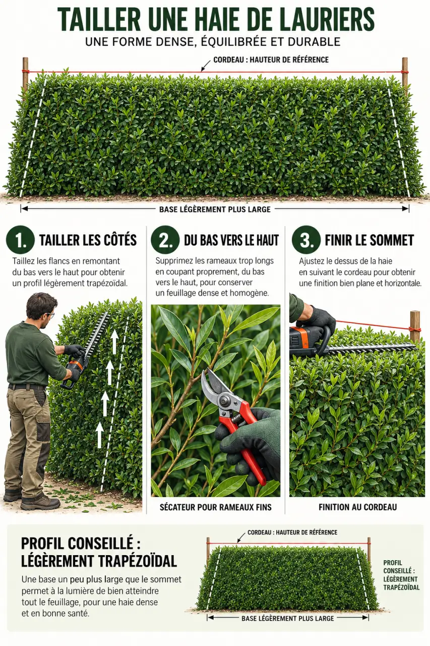 Taille des lauriers haies avec base plus large que le sommet et étapes de coupe