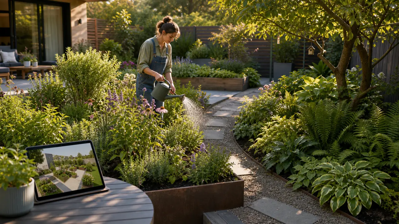 Jardin partagé entre zones ensoleillées et zones d'ombre, avec une lecture visuelle des besoins en eau