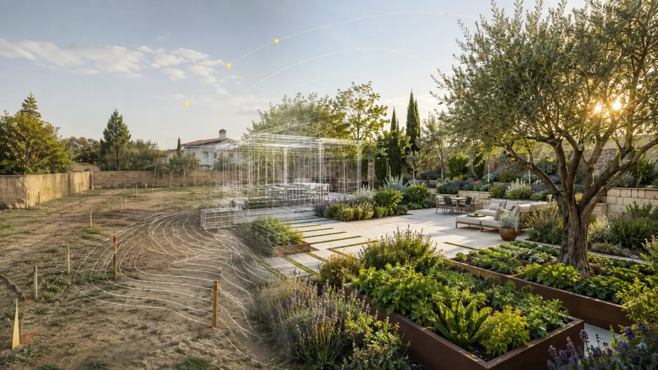 Jardin moderne comparé à sa maquette 3D filaire, symbolisant le passage du projet à la réalité