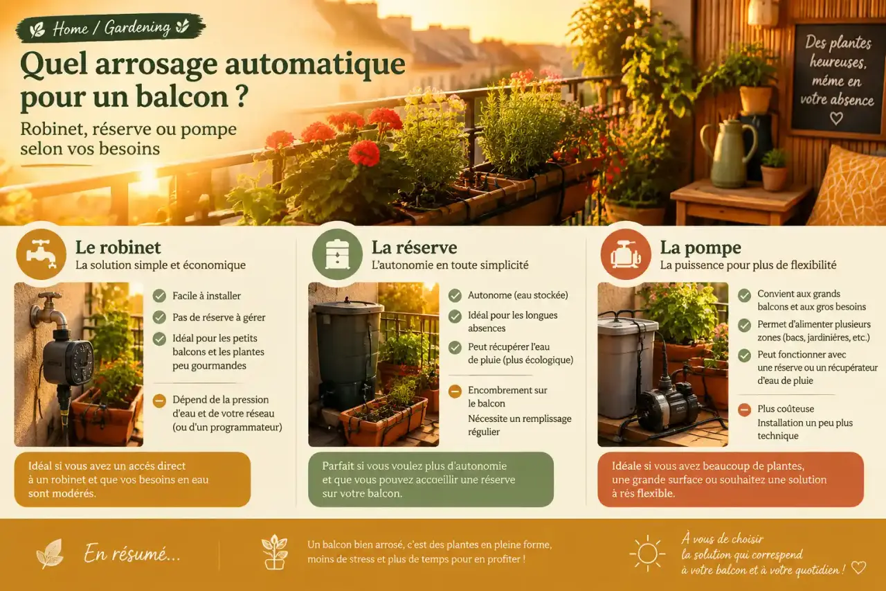 Quel arrosage automatique pour un balcon ? Robinet, réserve ou pompe selon vos besoins