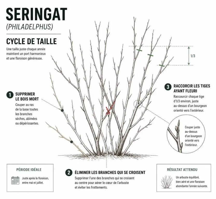 Schéma pour tailler un seringat après floraison avec zones à couper