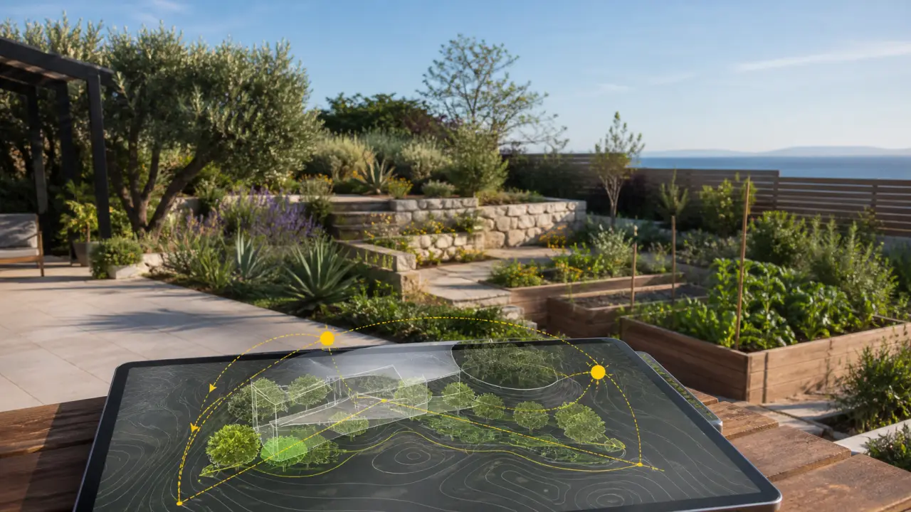 Jardin moderne en transition entre maquette 3D et réalité naturelle