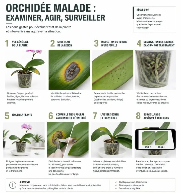 Orchidées maladies photos : étapes pour observer, isoler et couper les parties atteintes