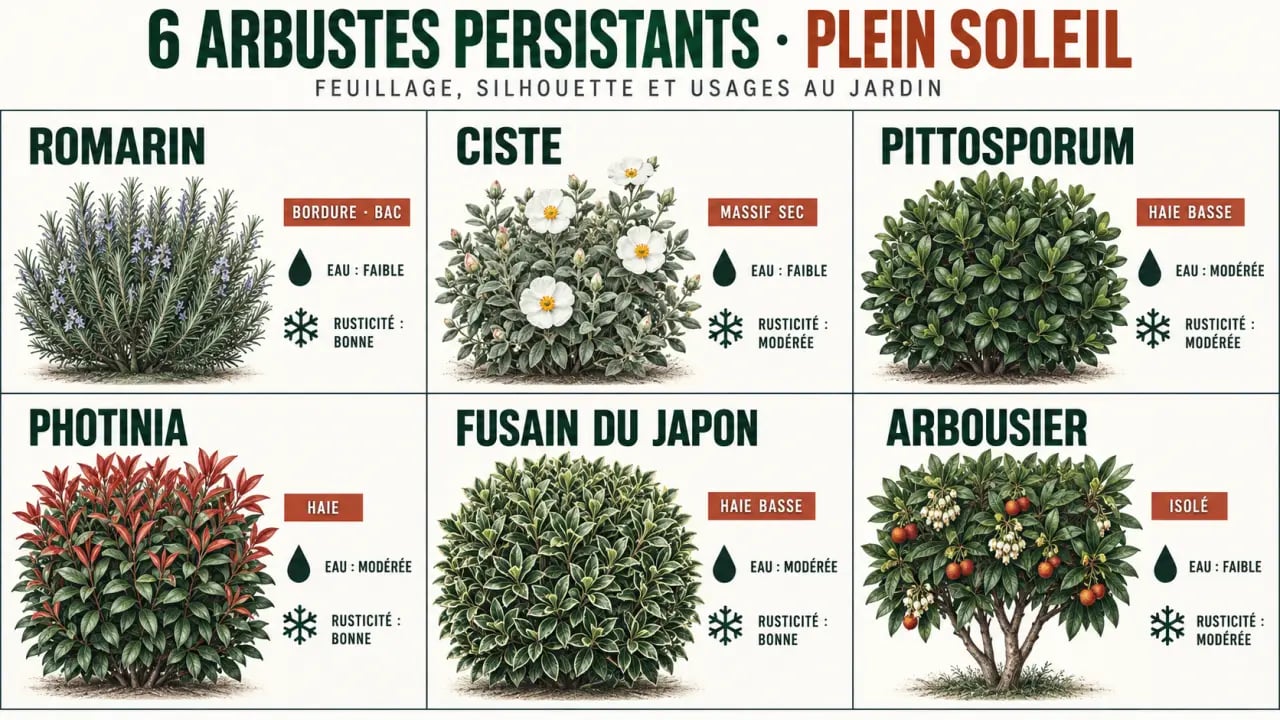 Infographie comparative de six arbustes persistants plein soleil : romarin, ciste, pittosporum, photinia, fusain du Japon et arbousier