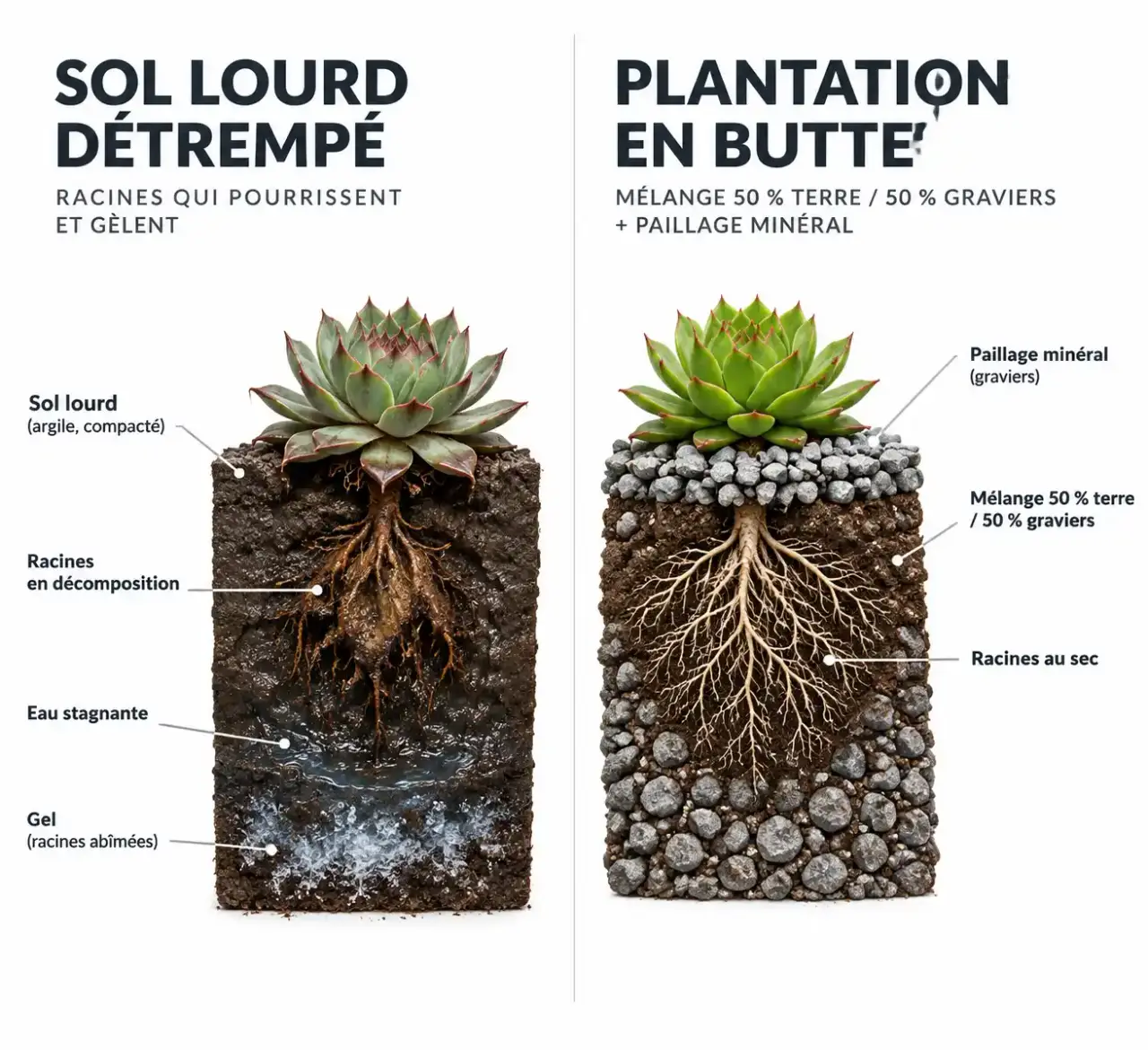 Plantes grasses extérieur qui ne gèlent pas : drainage d'un sol en butte avec paillage minéral contre gel humide