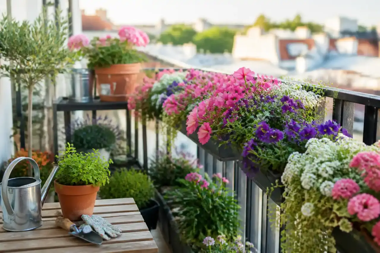 Jardinage sur balcon : 10 astuces pour fleurir viteole et outils de jardinage disposés sur une table en bois
