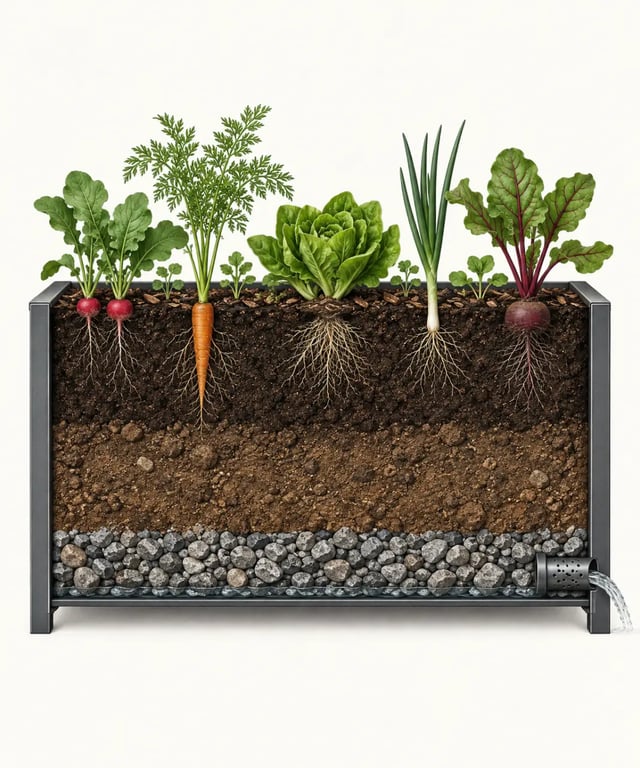 Schéma en coupe d’un bac rempli de terreau potager avec drainage et racines de légumes