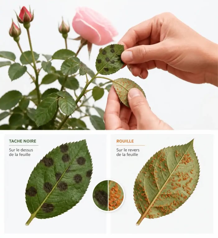 Photo d’observation pour identifier une maladie des rosiers sur les feuilles