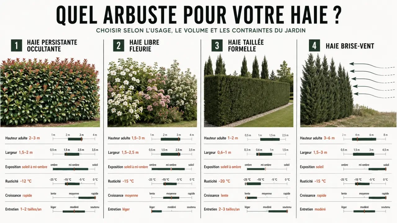 Infographie pour choisir un arbuste en haie selon l’usage, l’exposition et l’entretien