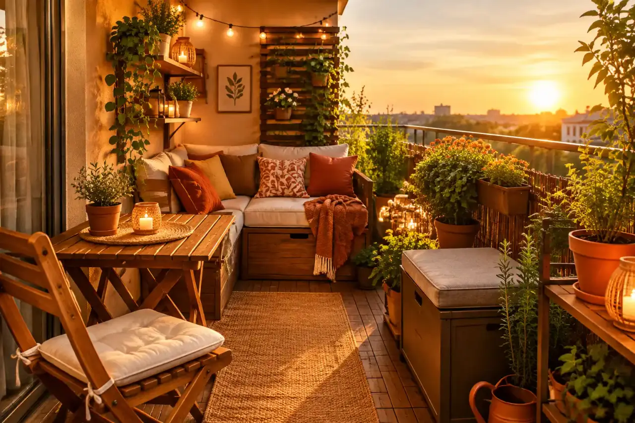 Une décoration de balcon extérieur réussie repose sur un aménagement compact et évolutif