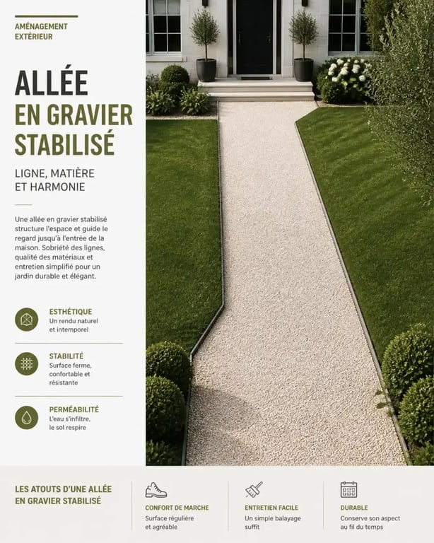 Allée de jardin sans entretien en gravier stabilisé vue du dessus