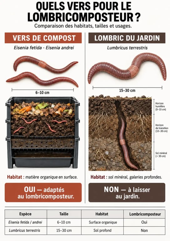 Infographie sur le compost de vers : espèces Eisenia adaptées au lombricomposteur et lombric du jardin à éviter