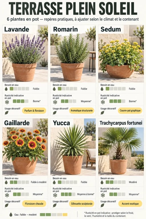 Infographie des plantes terrasse plein soleil selon l'arrosage, la rusticité et l'usage