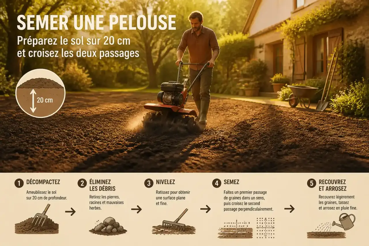 Semer une pelouse : préparez le sol sur 20 cm et croisez les deux passages