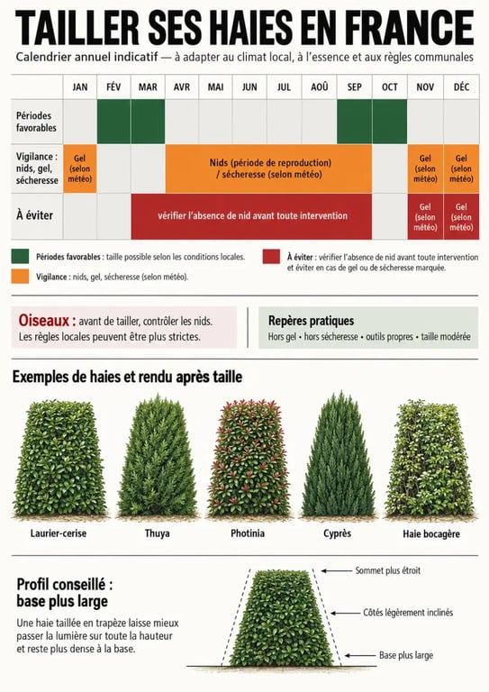 Calendrier pour tailler les haies selon les mois, les espèces et les périodes de vigilance