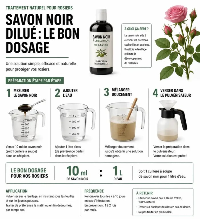 Infographie explicative pour la préparation d'un traitement au savon noir pour la maladie des rosiers