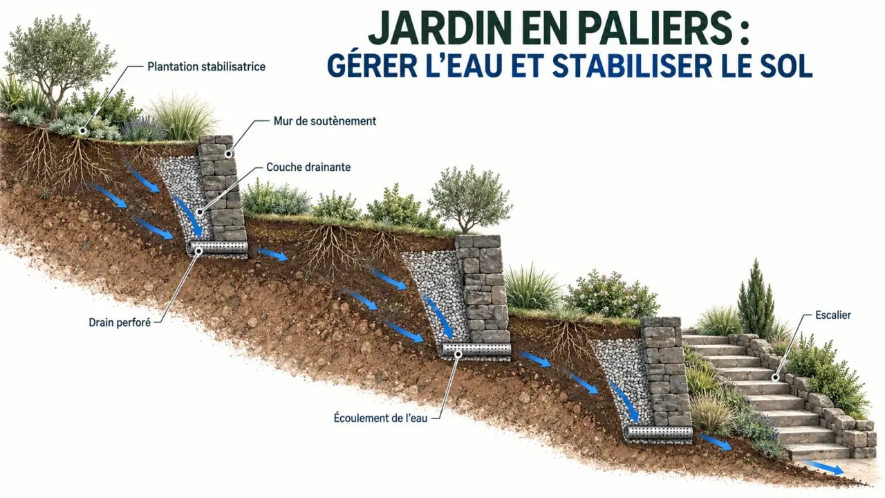 Schéma explicatif d’un jardin en palier avec soutènements, drainage, escaliers et écoulement de l’eau