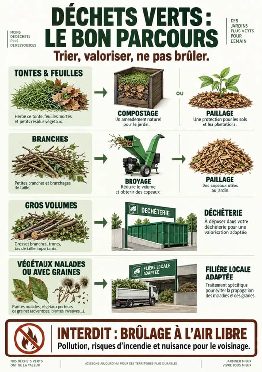 Infographie sur le compostage des déchets verts et les solutions de valorisation au jardin