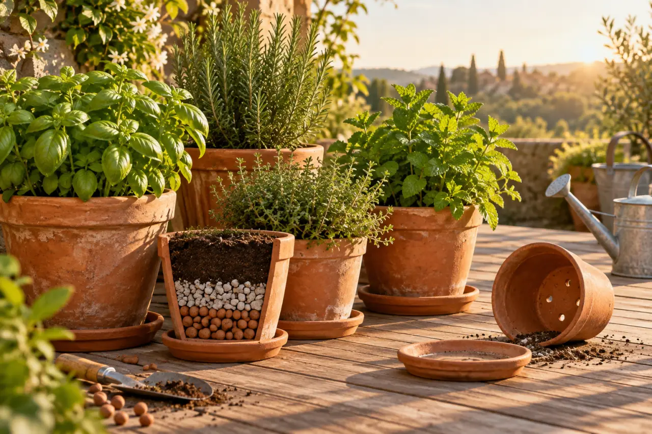 Jardinières de plantes aromatiques : le bon drainage pour récolter sans racines noyées