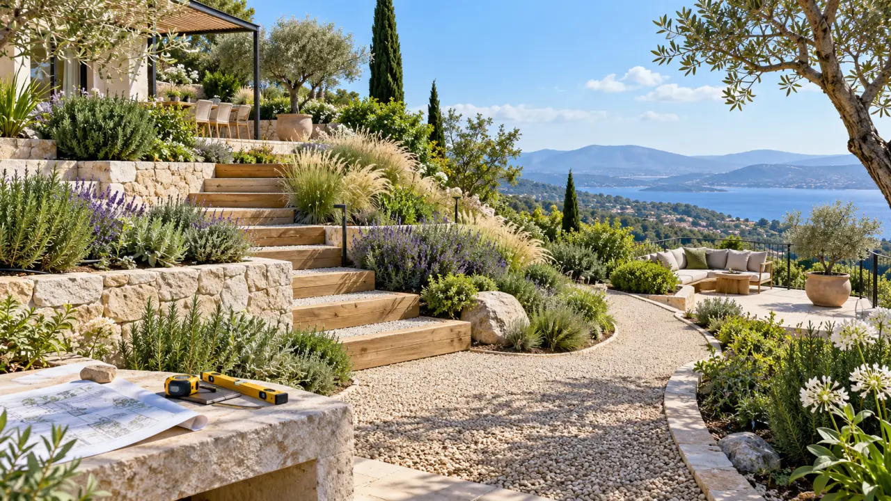 Jardin en pente aménagé en terrasses végétalisées