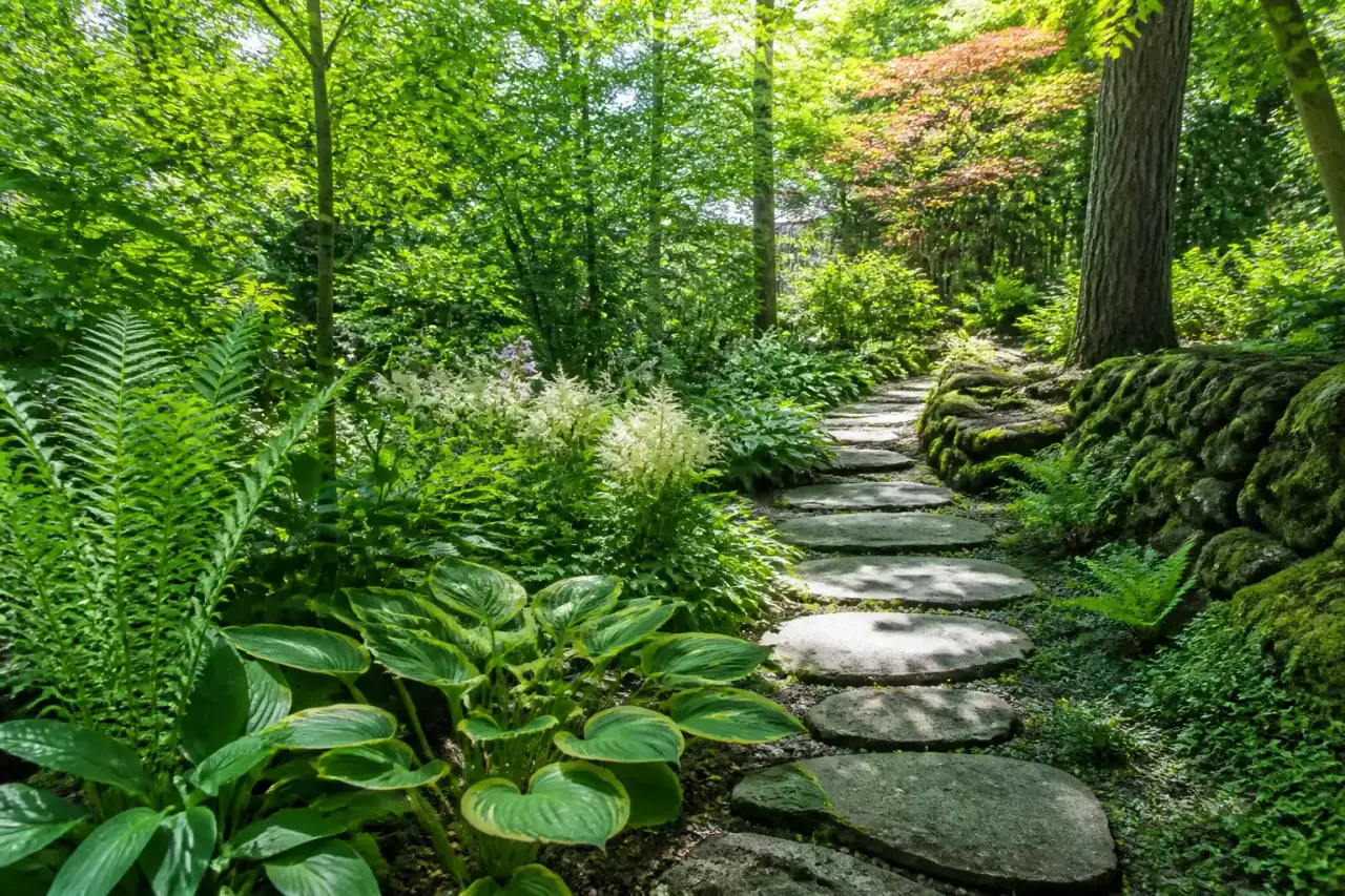 Jardin d'ombre luxuriant modélisé en 3D avec des fougères et des érables japonais