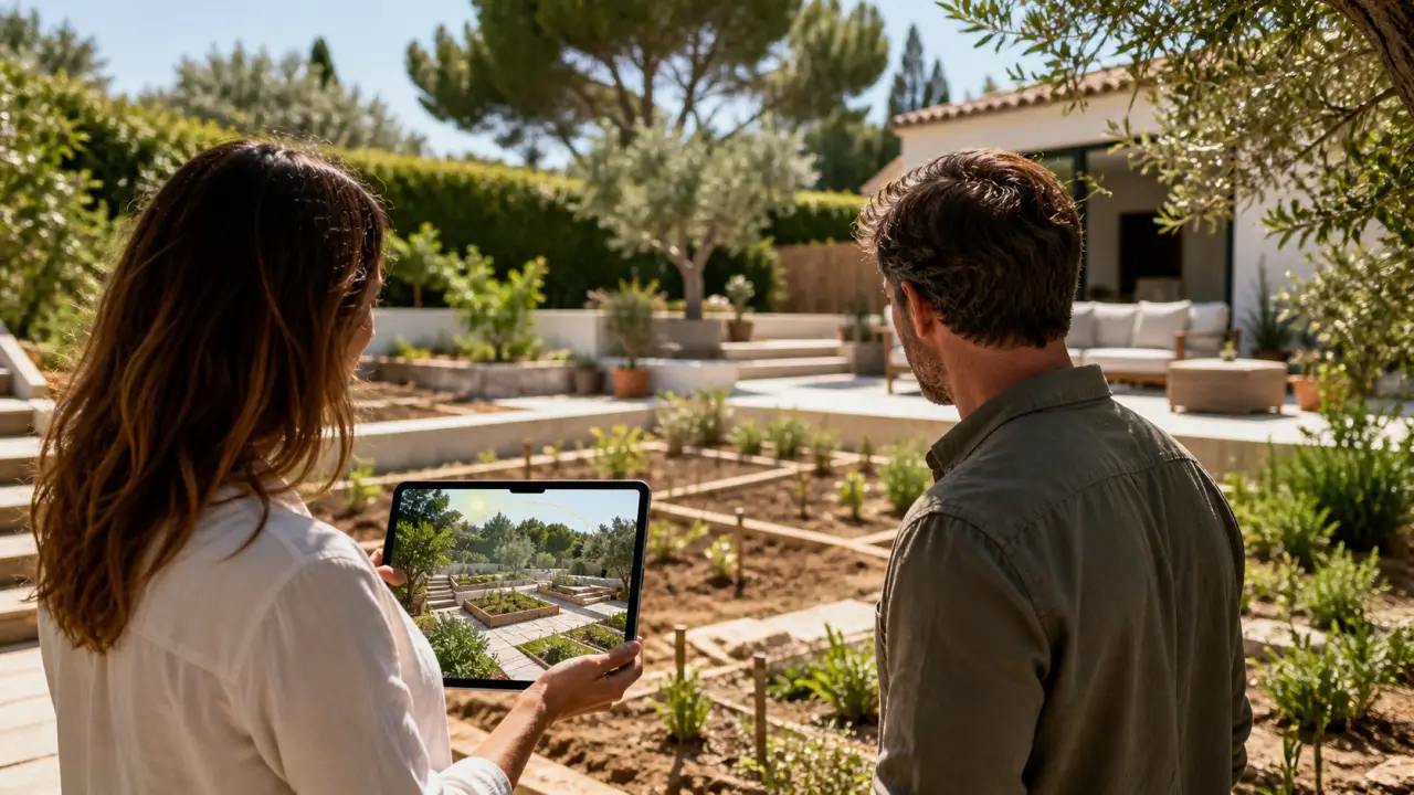 Jardin paysager moderne et maquette 3D filaire en vis-à-vis