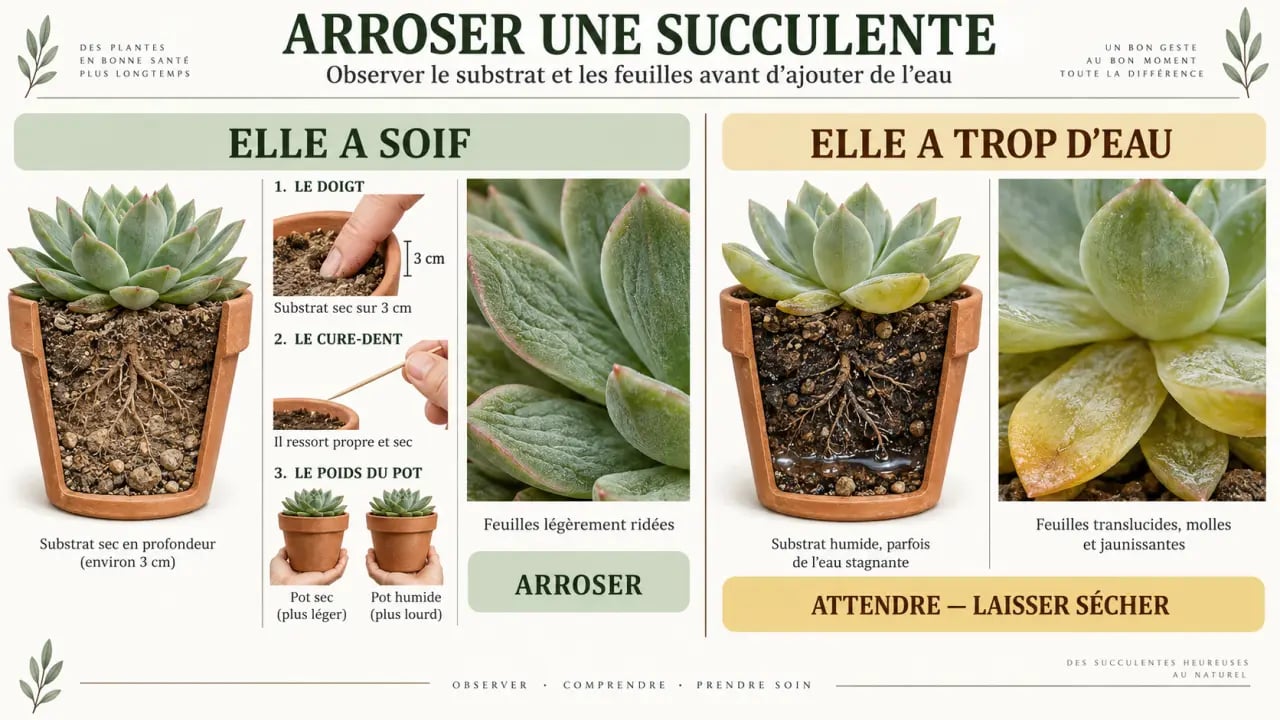 Arrosage des succulentes : tests du substrat et signes de manque ou d’excès d’eau