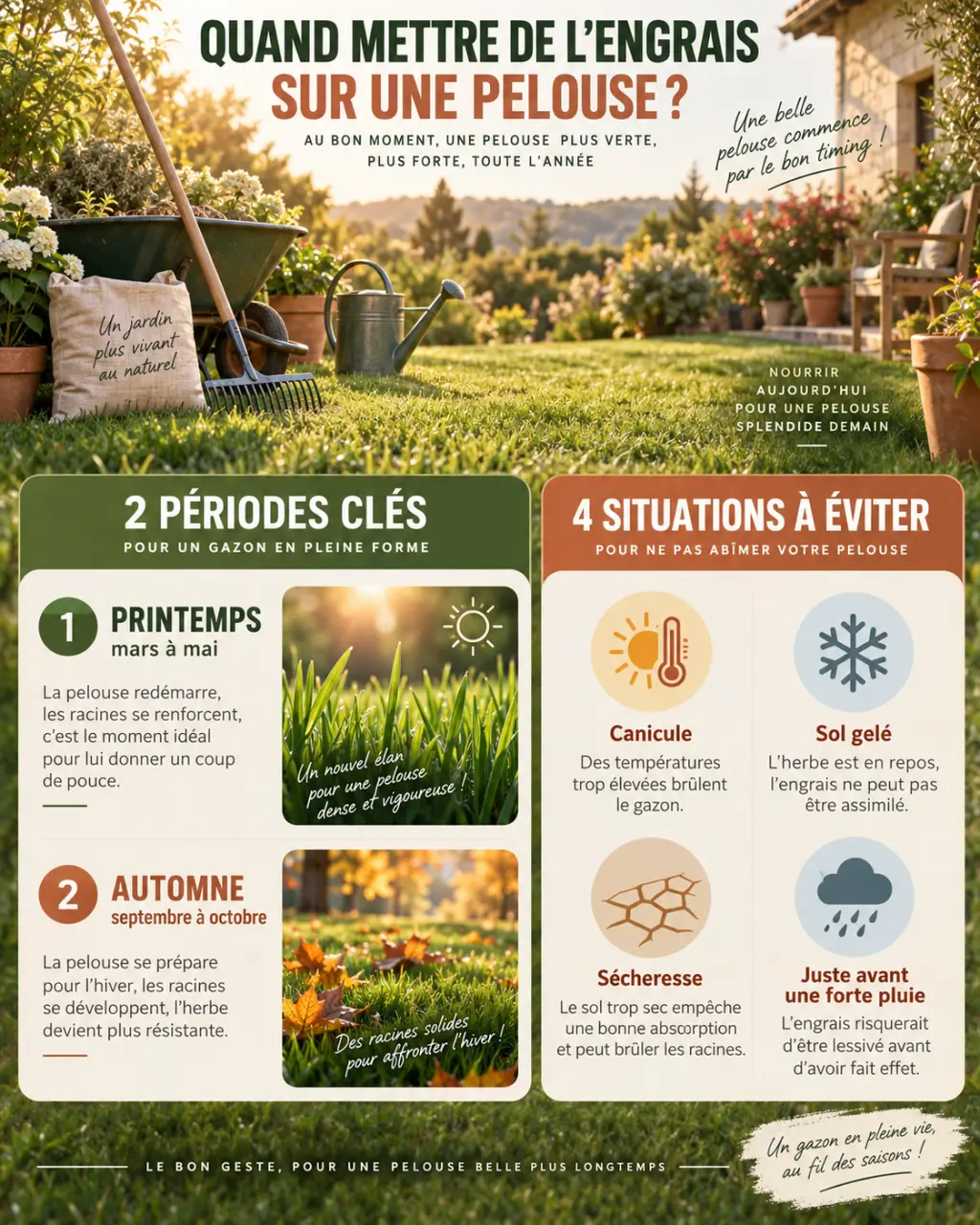 Quand mettre de l’engrais sur une pelouse ? 2 périodes clés et 4 situations à éviter