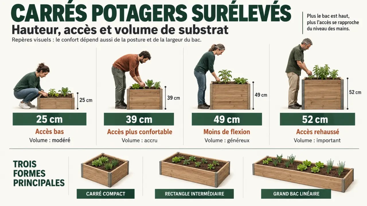 Infographie comparative des carrés potager surélevés selon la hauteur et la forme