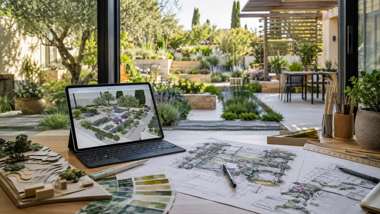 Jardin paysager moderne et maquette 3D filaire en visuel comparatif