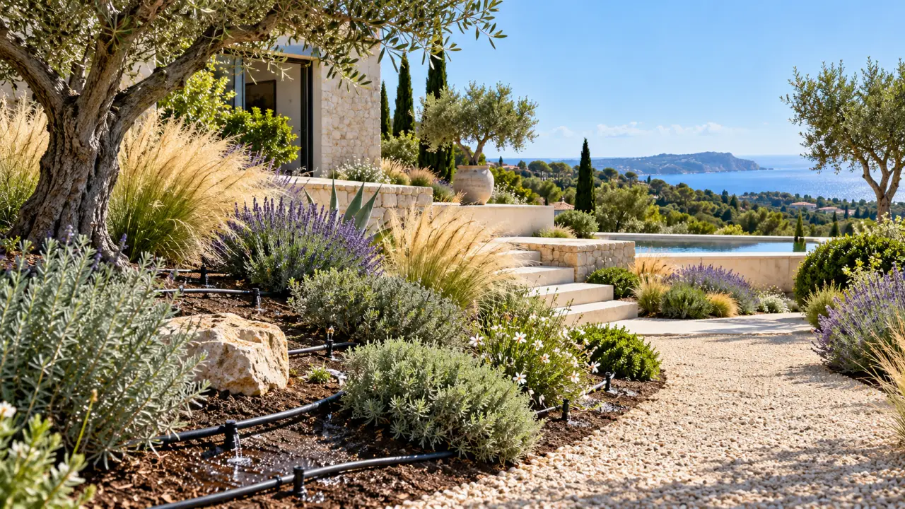 Jardin ensoleillé composé de plantes adaptées à la chaleur et au manque d’eau