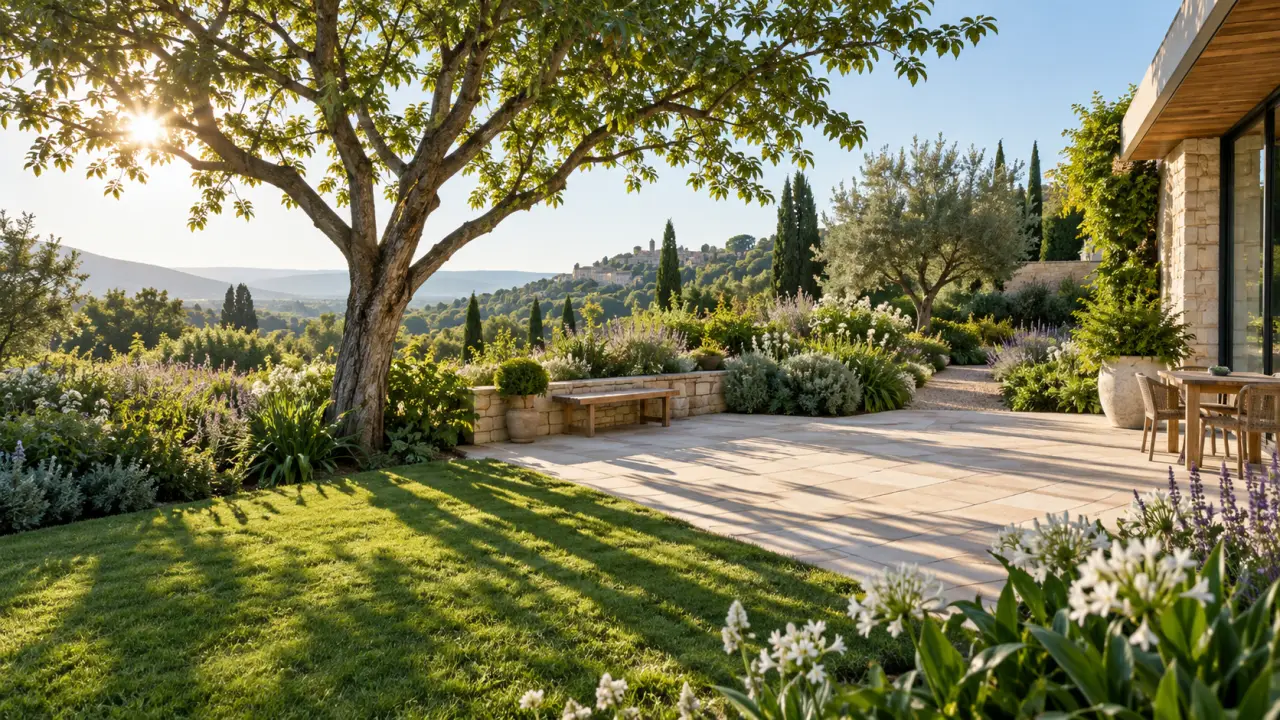Arbre mature projetant son ombre sur un jardin paysager