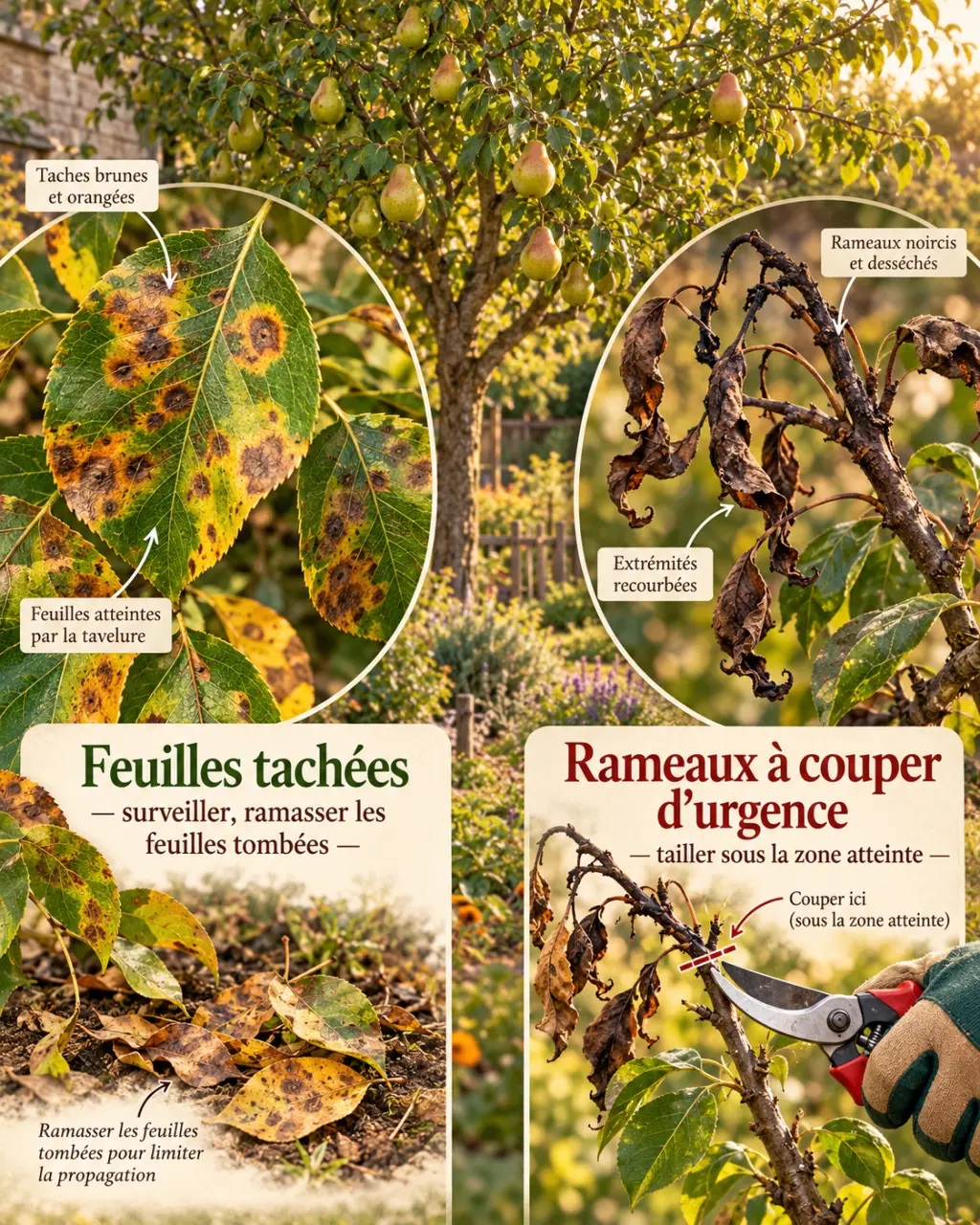 Maladies du poirier : distinguer les feuilles tachées des rameaux à couper d’urgence