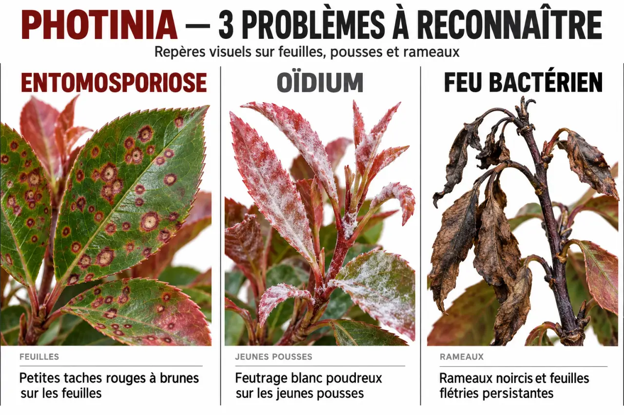 Maladie photinia traitement : infographie pour distinguer entomosporiose, oïdium et feu bactérien