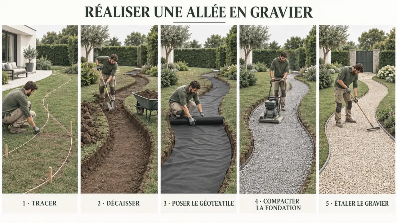 Étapes de réalisation d'une allée de jardin gravier avec décaissement et pose du géotextile