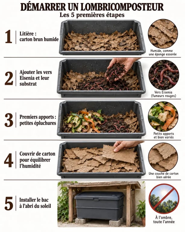 Étapes d’installation d’un compost de vers avec litière humide, vers Eisenia et premiers biodéchets
