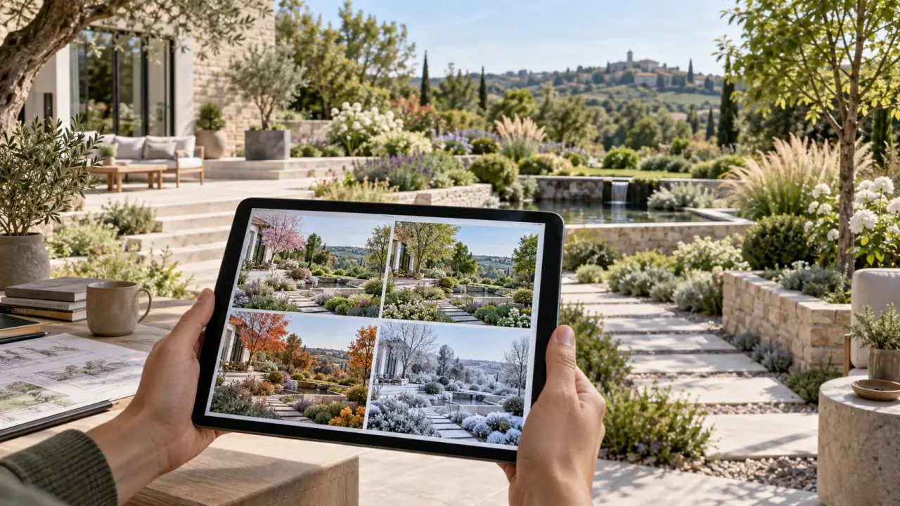 Visualisation 3D d’un jardin paysager évoluant au fil des saisons