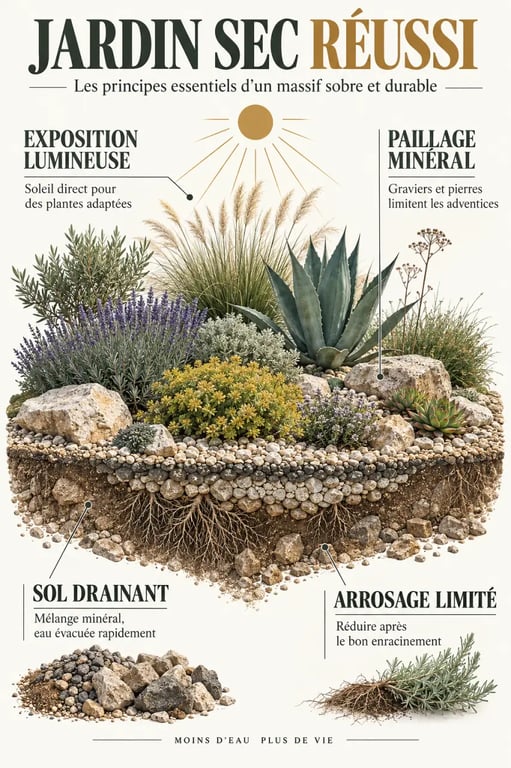 Infographie sur les principes d’un jardin sec avec sol drainant, plantes adaptées et paillage minéral