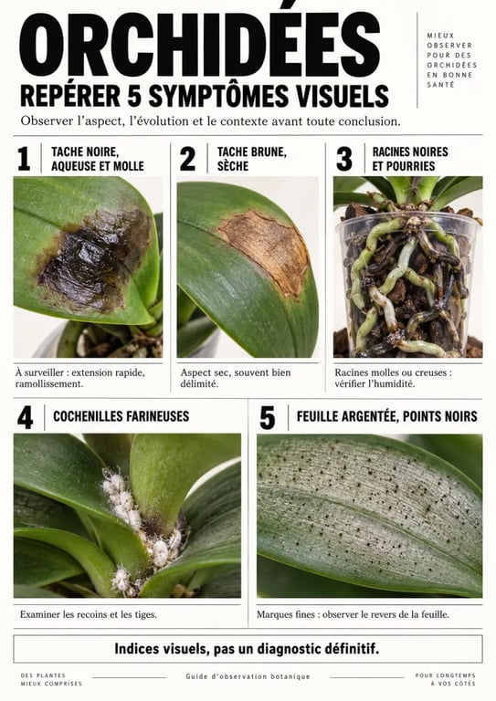 Orchidées maladies photos : comparaison visuelle des taches, racines pourries et ravageurs